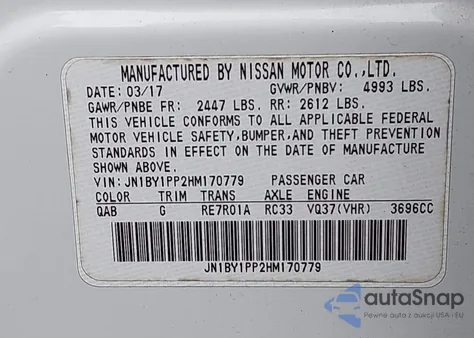 2017 Infiniti Q70L 3.7 z USA, uszkodzony, nr VIN JN1BY1PP2HM170779